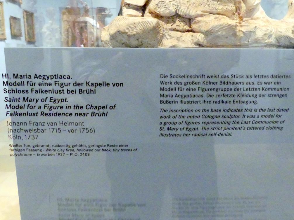 Johann Franz van Helmont (1737), Hl. Maria Aegyptiaca. Modell für eine Figur der Kapelle von Schloss Falkenlust bei Brühl, Brühl, Schloss Falkenlust, jetzt Nürnberg, Germanisches Nationalmuseum, Saal 133, 1737, Bild 3/3