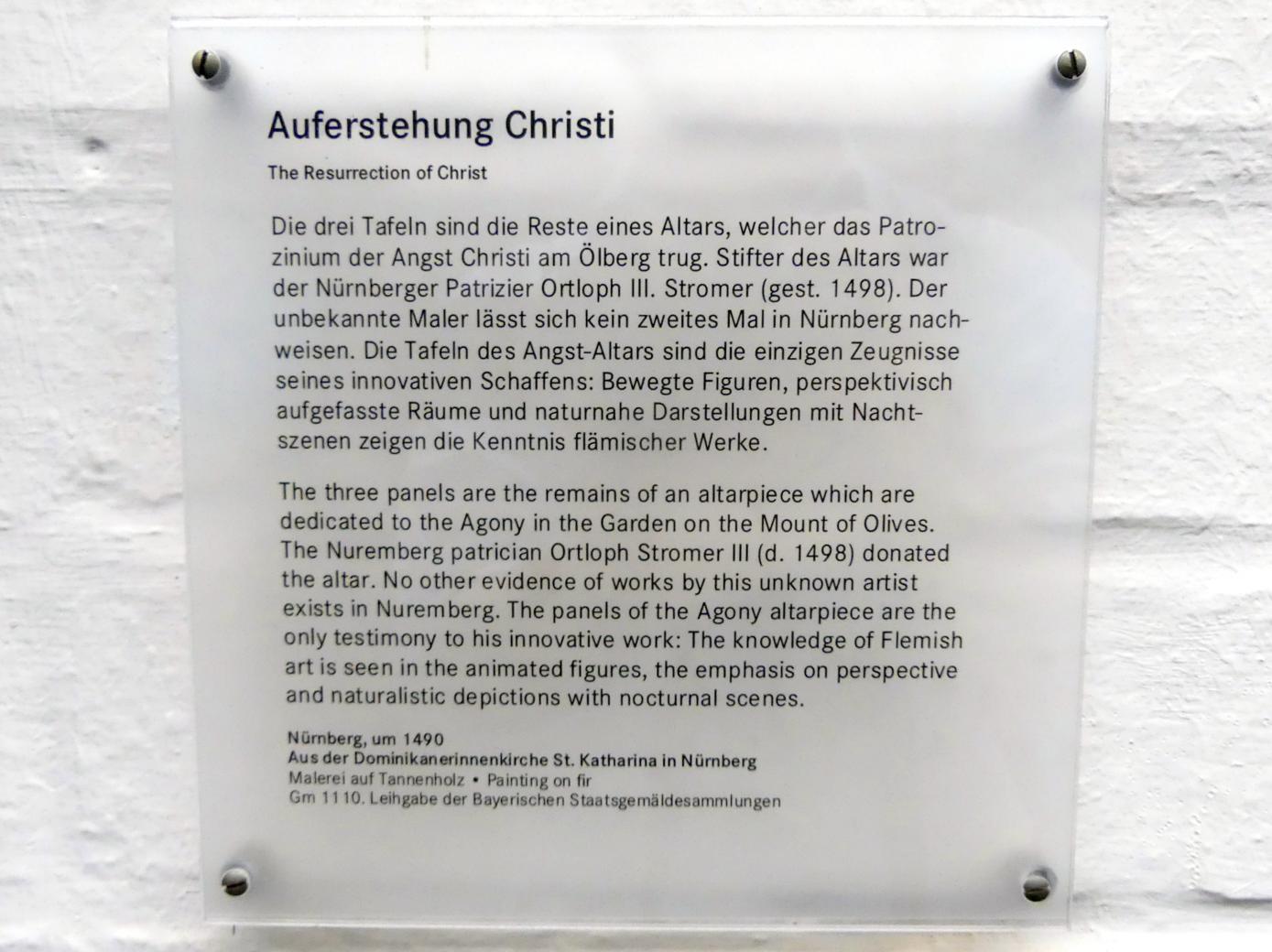 Meister des Angst-Altars (1490), Auferstehung Christi, Nürnberg, ehem. Dominikanerinnenkloster St. Katharina, jetzt Nürnberg, Germanisches Nationalmuseum, Saal 39, um 1490, Bild 2/2