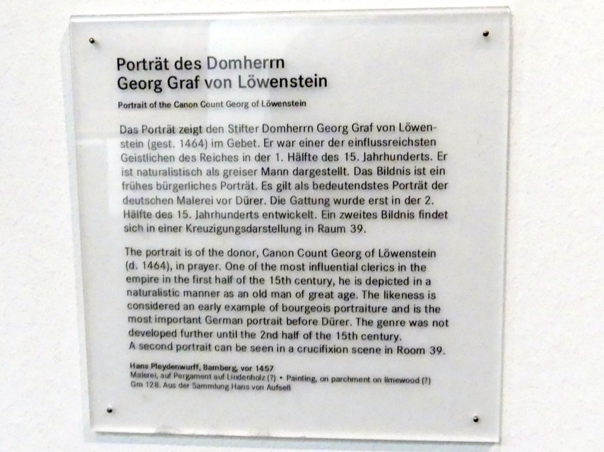 Hans Pleydenwurff (1456–1470), Porträt des Bamberger Domherrn Georg Graf von Löwenstein, Nürnberg, Germanisches Nationalmuseum, Saal 39, vor 1457, Bild 2/2
