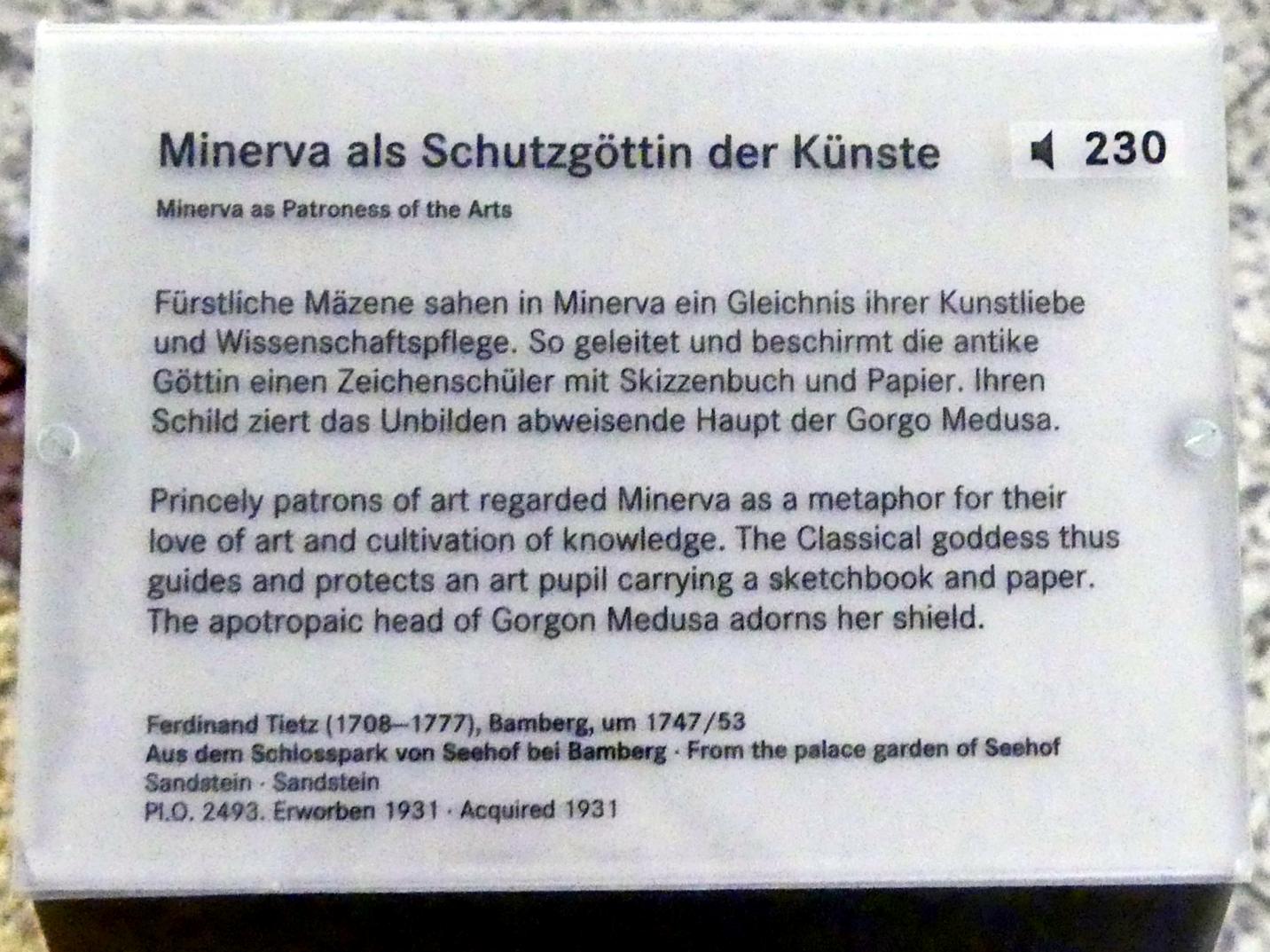 Ferdinand Tietz (Ferdinand Dietz) (1740–1767), Minerva als Schutzgöttin der Künste, Memmelsdorf bei Bamberg, Schloss Seehof ("Marquardsburg"), Sommerresidenz der Bamberger Fürstbischöfe, jetzt Nürnberg, Germanisches Nationalmuseum, Saal 46, um 1747–1753, Bild 2/2