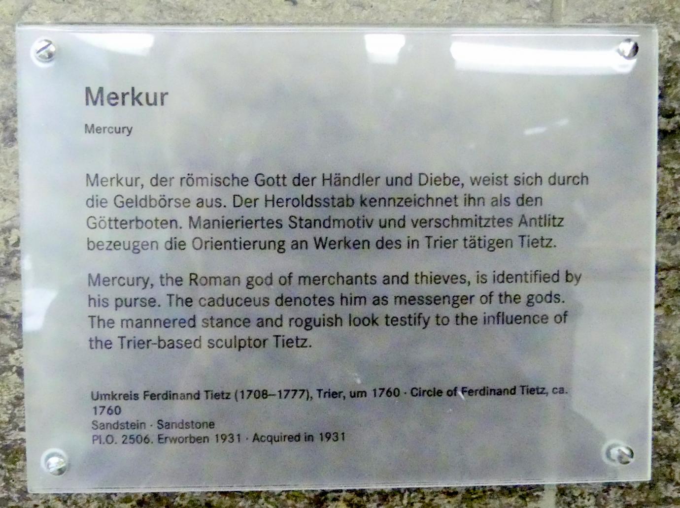 Ferdinand Tietz (Umkreis) (1760–1765), Merkur, Nürnberg, Germanisches Nationalmuseum, Saal 46, um 1760, Bild 2/2