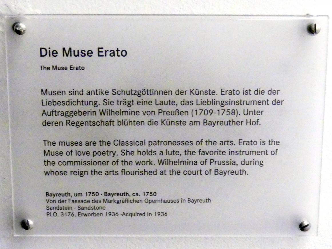 Die Muse Erato, Bayreuth, Markgräfliches Opernhaus, jetzt Nürnberg, Germanisches Nationalmuseum, Saal 46, um 1750, Bild 2/2