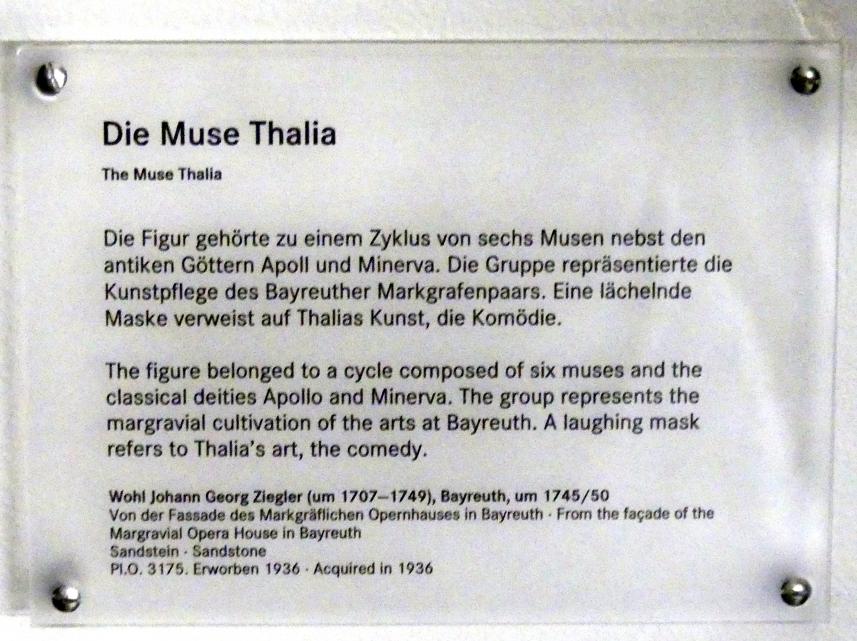 Die Muse Thalia, Bayreuth, Markgräfliches Opernhaus, jetzt Nürnberg, Germanisches Nationalmuseum, Saal 46, um 1750, Bild 2/2