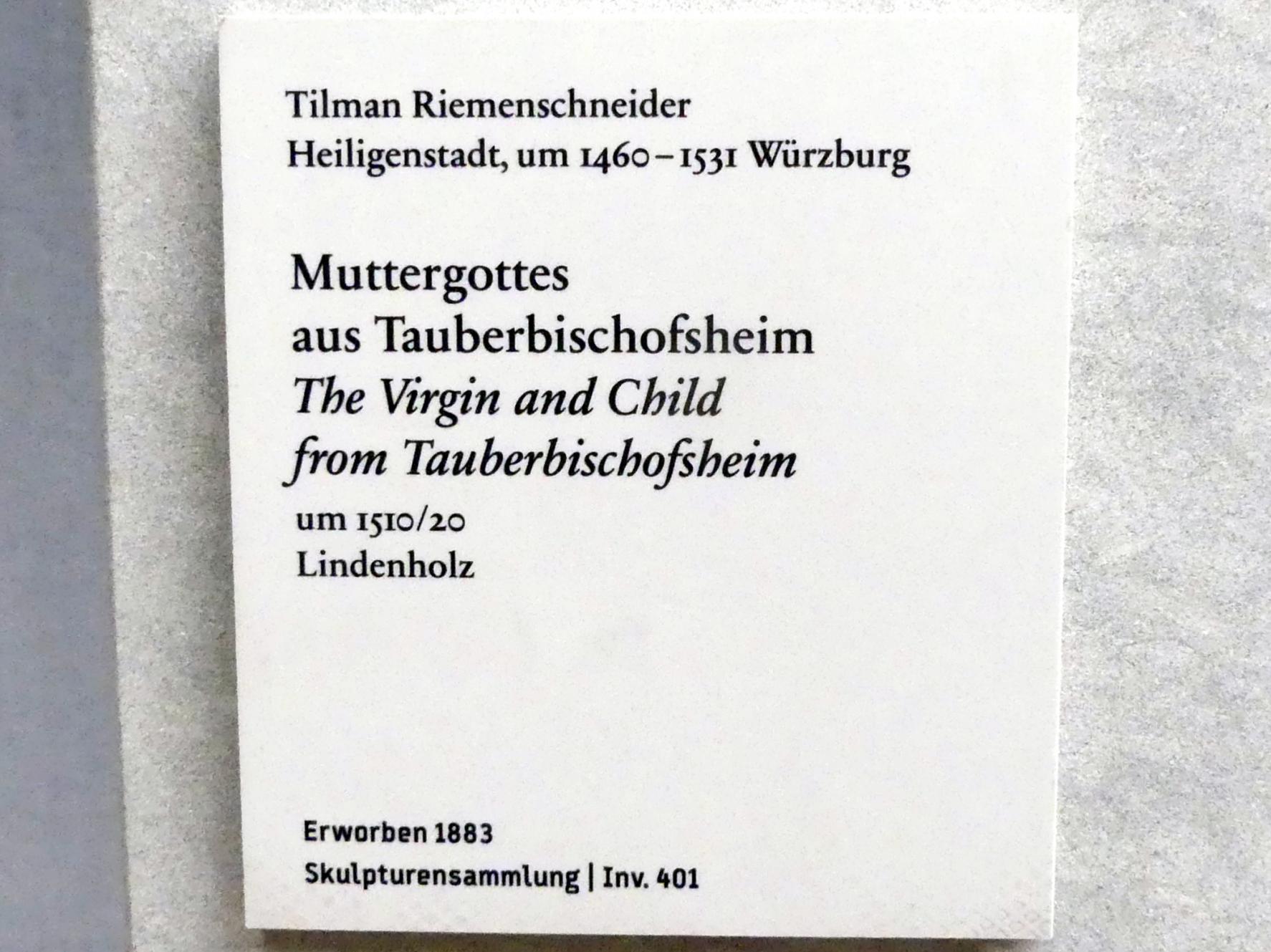 Tilman Riemenschneider (1487–1523), Muttergottes aus Tauberbischofsheim, Berlin, Gemäldegalerie ("Berliner Wunder"), Saal II, um 1510–1520, Bild 5/5