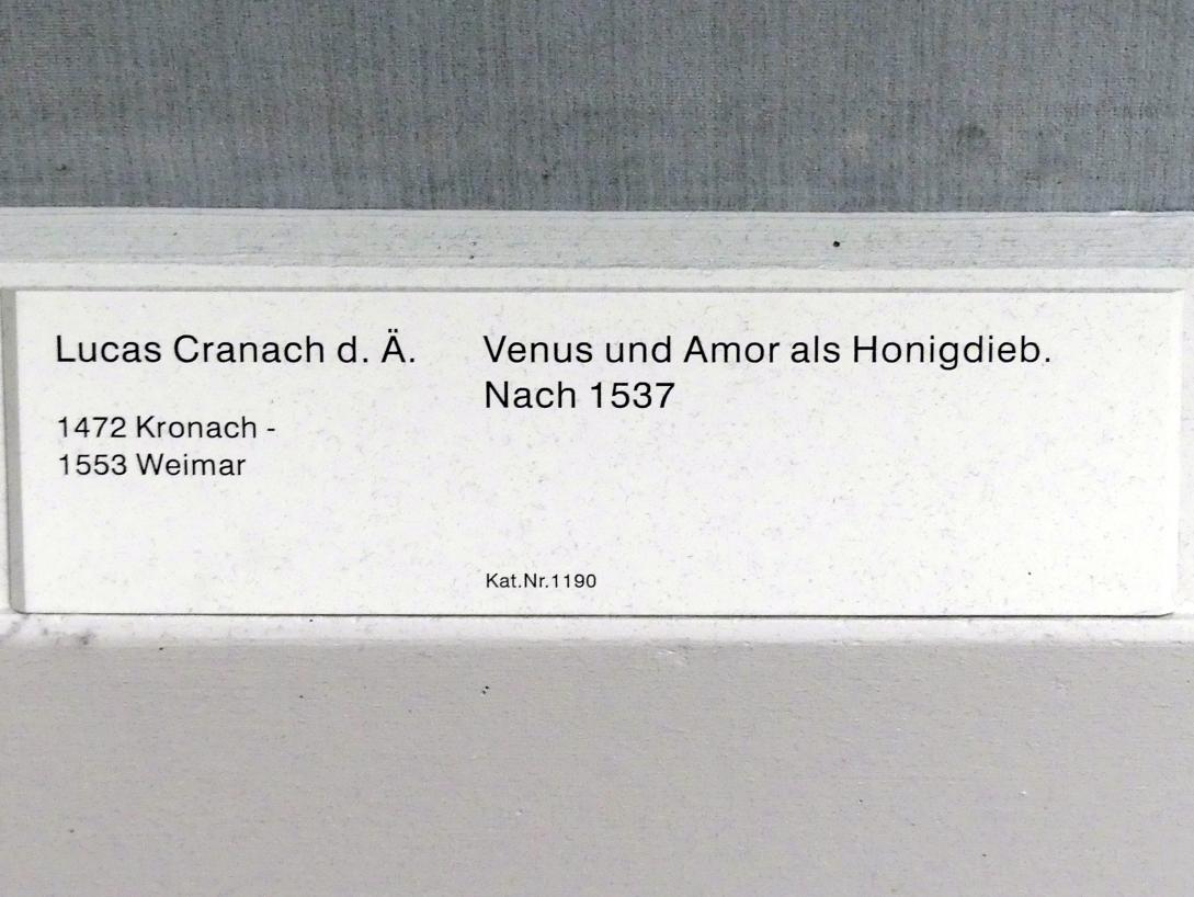Lucas Cranach der Ältere (1502–1550), Venus und Amor als Honigdieb, Berlin, Gemäldegalerie ("Berliner Wunder"), Saal III, nach 1537, Bild 2/2