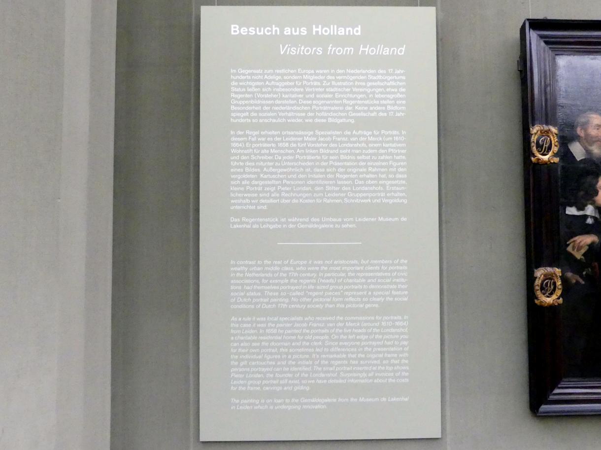 Jacob Fransz van der Merck (1658), Die Regenten des Loridanshofes in Leiden, Berlin, Gemäldegalerie ("Berliner Wunder"), Saal XI, 1658, Bild 3/3