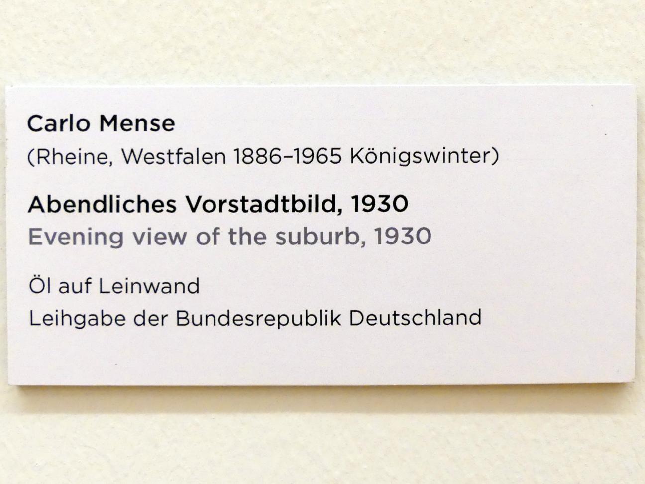 Carlo Mense (1913–1930), Abendliches Vorstadtbild, Regensburg, Ostdeutsche Galerie, Saal 8, 1930, Bild 2/2