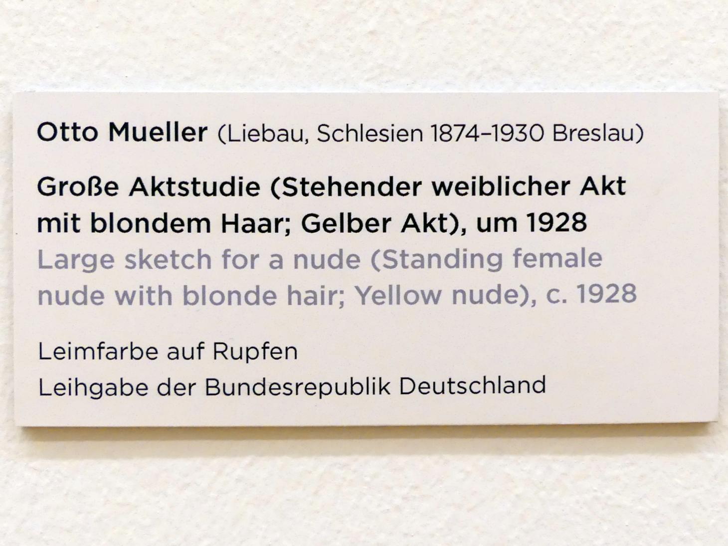 Otto Mueller (1914–1928), Stehender weiblicher Akt mit blondem Haar; Gelber Akt, Regensburg, Ostdeutsche Galerie, Saal 8, um 1928, Bild 2/2