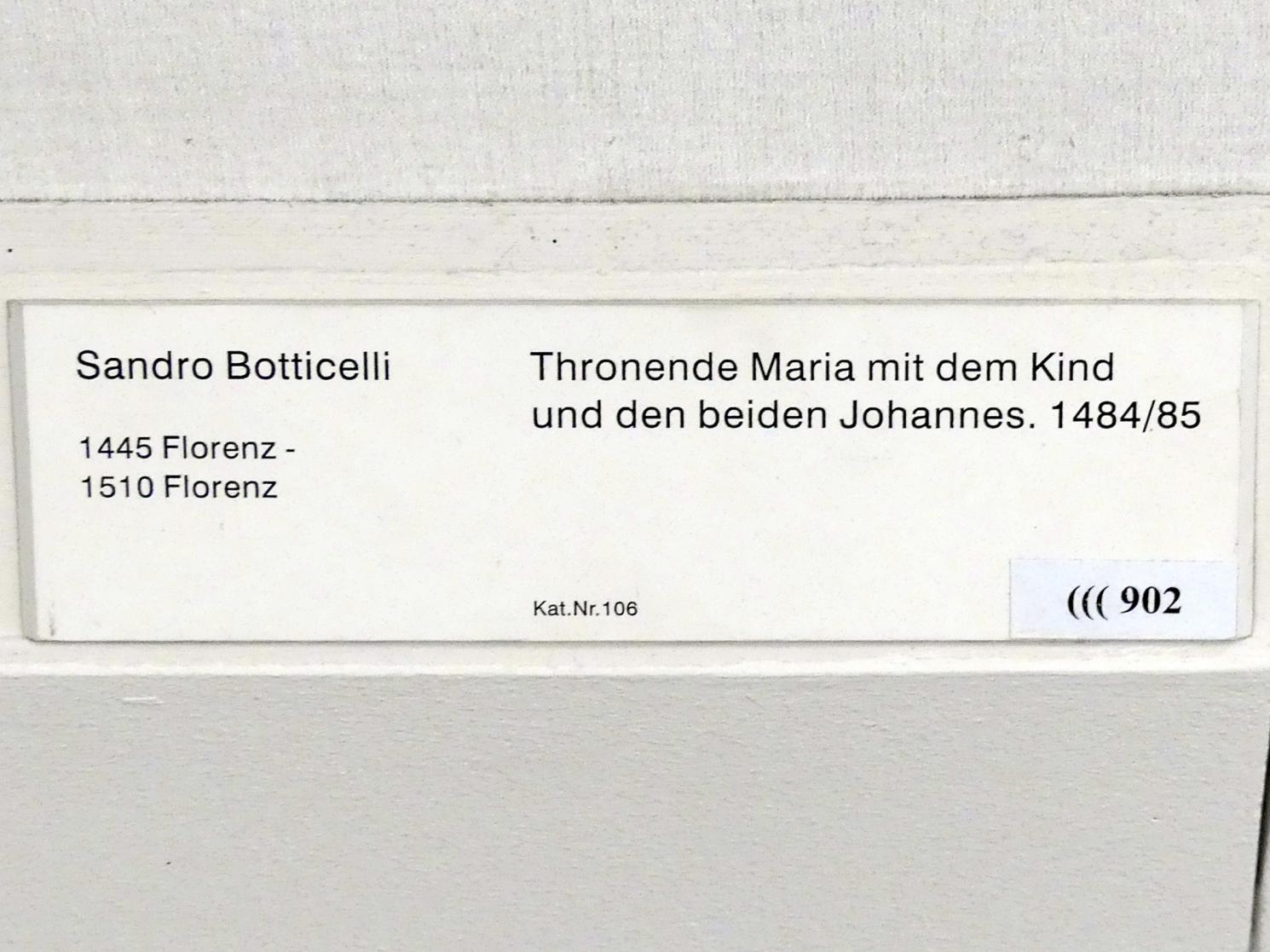 Sandro Botticelli (1462–1500), Thronende Maria mit dem Kind und den beiden Johannes, Berlin, Gemäldegalerie ("Berliner Wunder"), Saal XVIII, 1484–1485, Bild 2/2