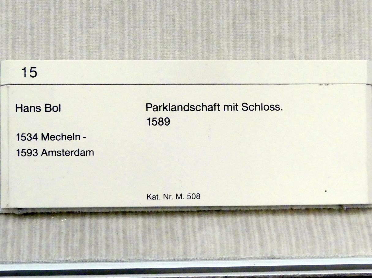 Hans Bol (1583–1589), Parklandschaft mit Schloss, Berlin, Gemäldegalerie ("Berliner Wunder"), Kabinett 34, 1589, Bild 2/2