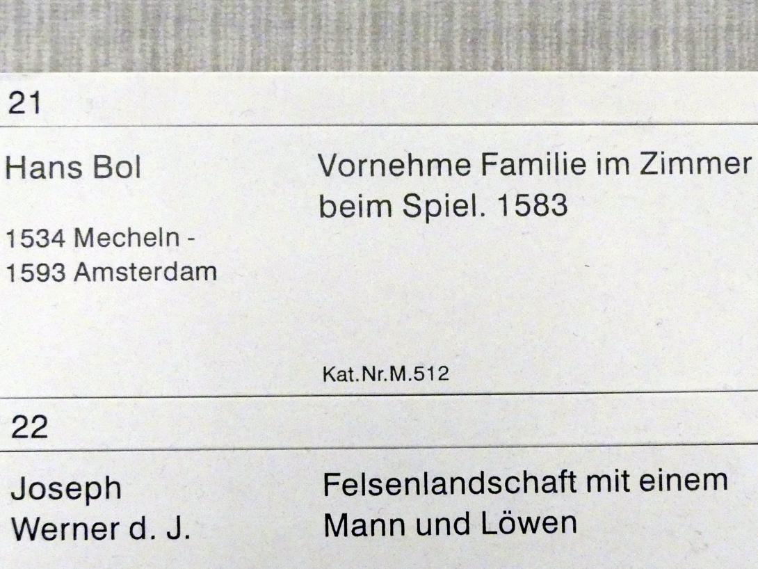 Hans Bol (1583–1589), Vornehme Familie im Zimmer beim Spiel, Berlin, Gemäldegalerie ("Berliner Wunder"), Kabinett 34, 1583, Bild 2/2