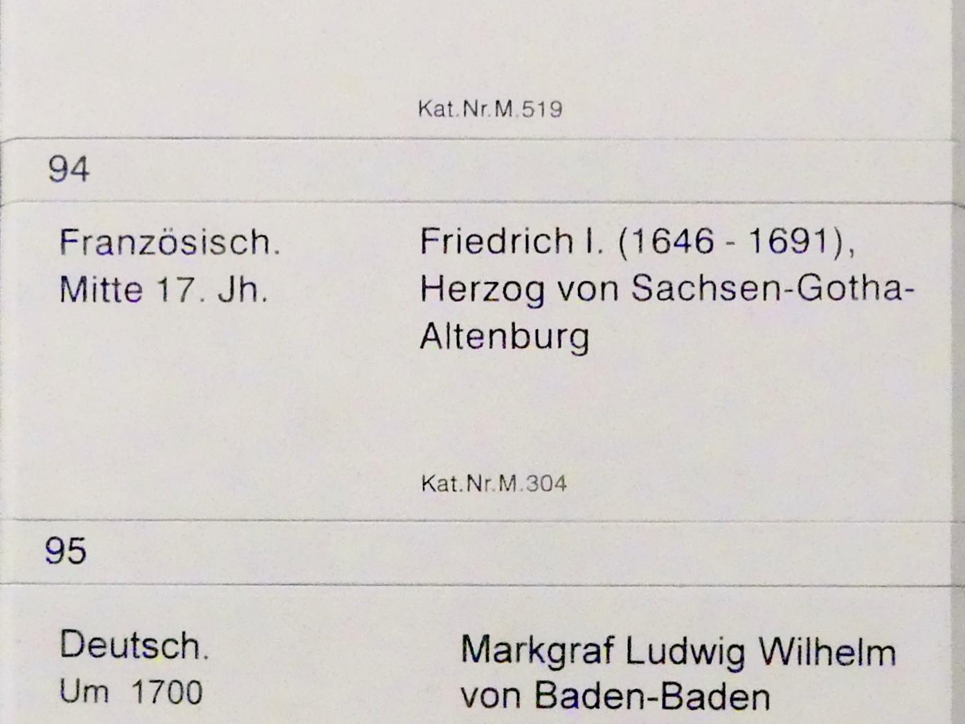 Friedrich I. (1646-1691), Herzog von Sachsen-Gotha-Altenburg, Berlin, Gemäldegalerie ("Berliner Wunder"), Kabinett 34, Mitte 17. Jhd., Bild 2/2