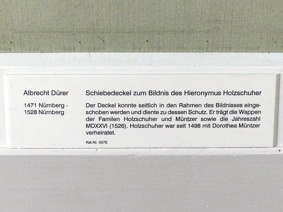 Albrecht Dürer (1490–1526), Schiebedeckel zum Bildnis des Hieronymus Holzschuher, Berlin, Gemäldegalerie ("Berliner Wunder"), Kabinett 2, 1526, Bild 2/2