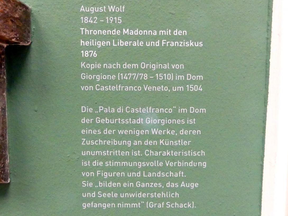 August Wolf (1870–1879), Thronende Madonna mit den hll. Liberalis und Franziskus, München, Sammlung Schack, Obergeschoss Saal 11, 1876, Bild 2/2