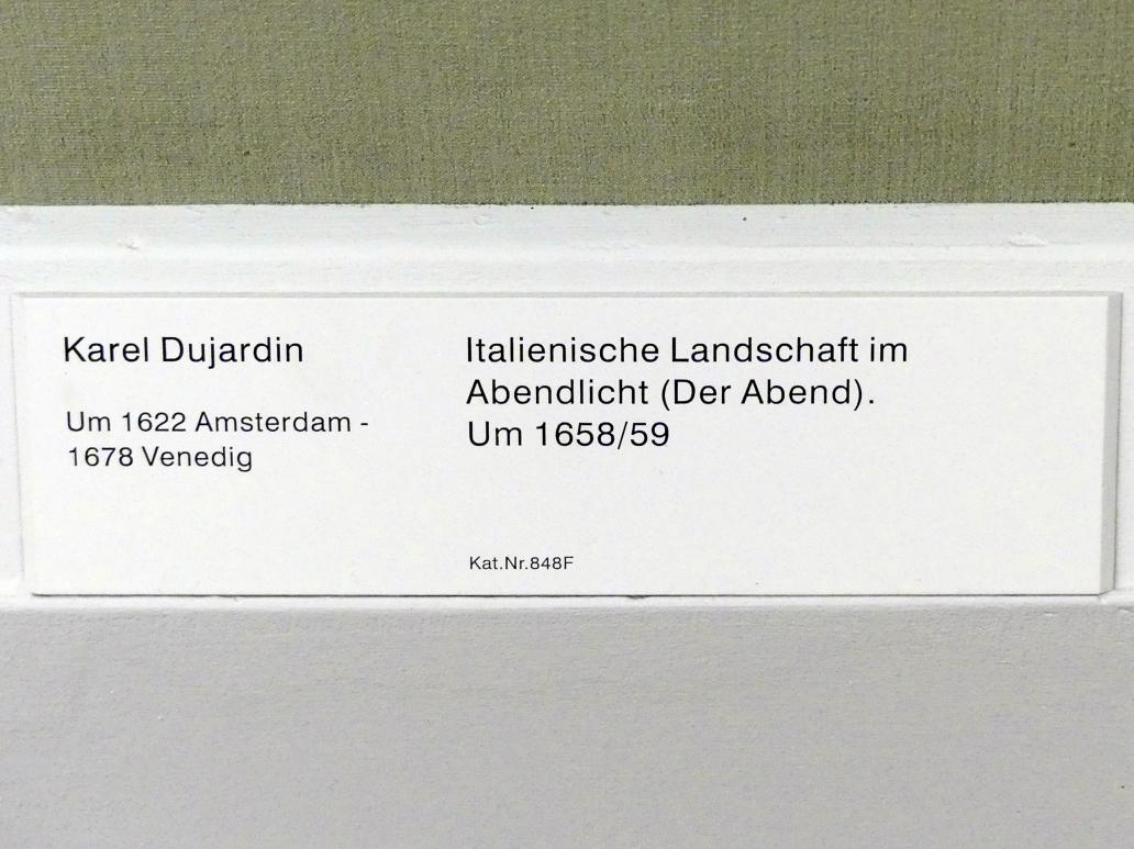 Karel Dujardin (1652–1678), Italienische Landschaft im Abendlicht (Der Abend), Berlin, Gemäldegalerie ("Berliner Wunder"), Kabinett 15, um 1658–1659, Bild 2/2