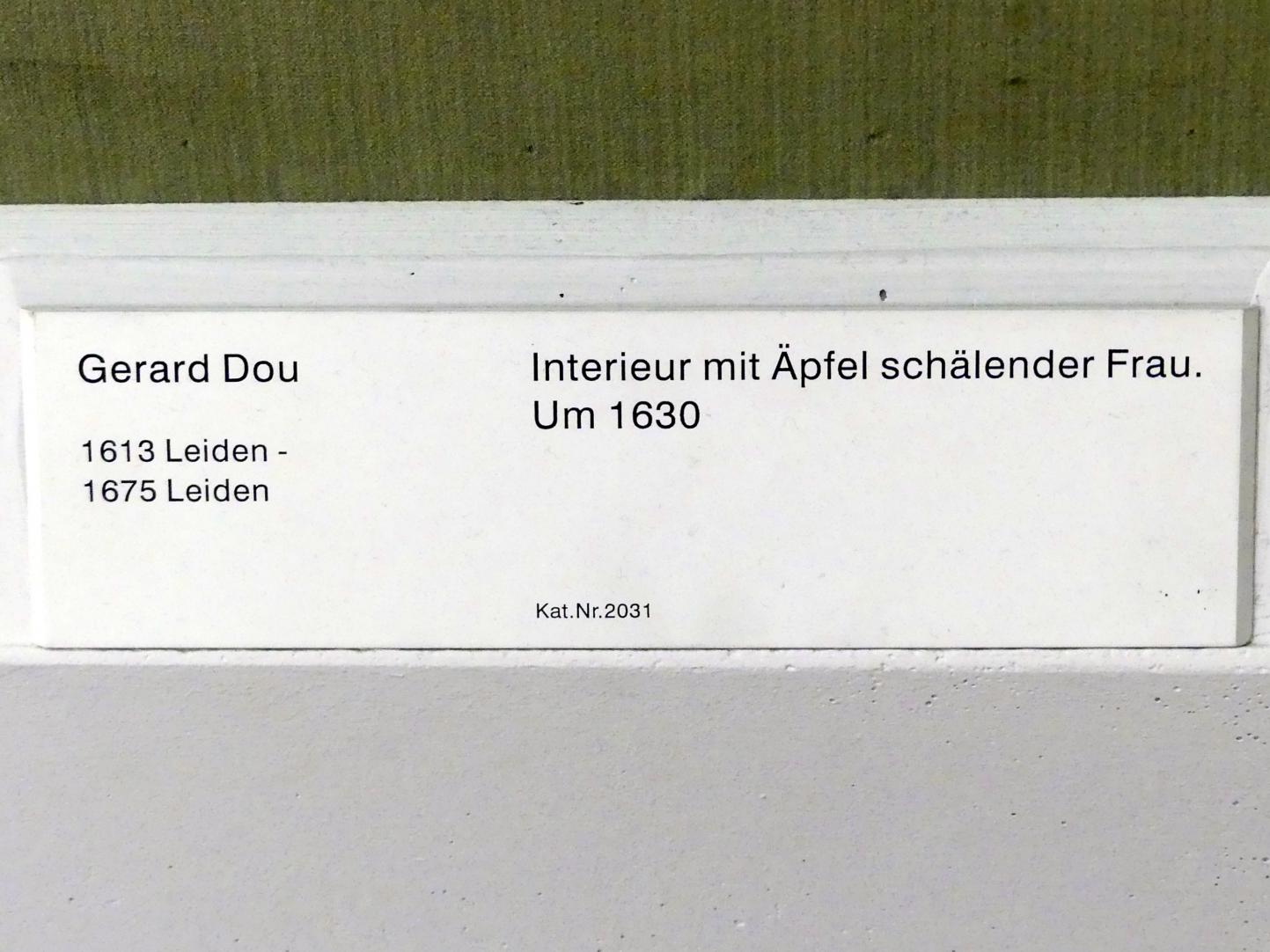 Gerard Dou (Gerrit Dou) (1629–1672), Interieur mit Äpfel schälender Frau, Berlin, Gemäldegalerie ("Berliner Wunder"), Kabinett 16, um 1630, Bild 2/2