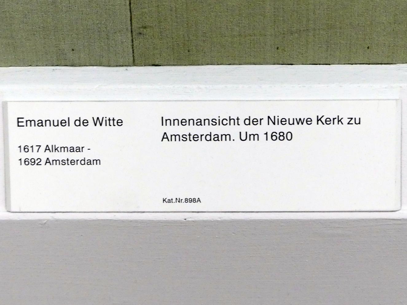 Emanuel de Witte (1650–1680), Innenansicht der Nieuwe Kerk zu Amsterdam, Berlin, Gemäldegalerie ("Berliner Wunder"), Kabinett 17, um 1680, Bild 2/2