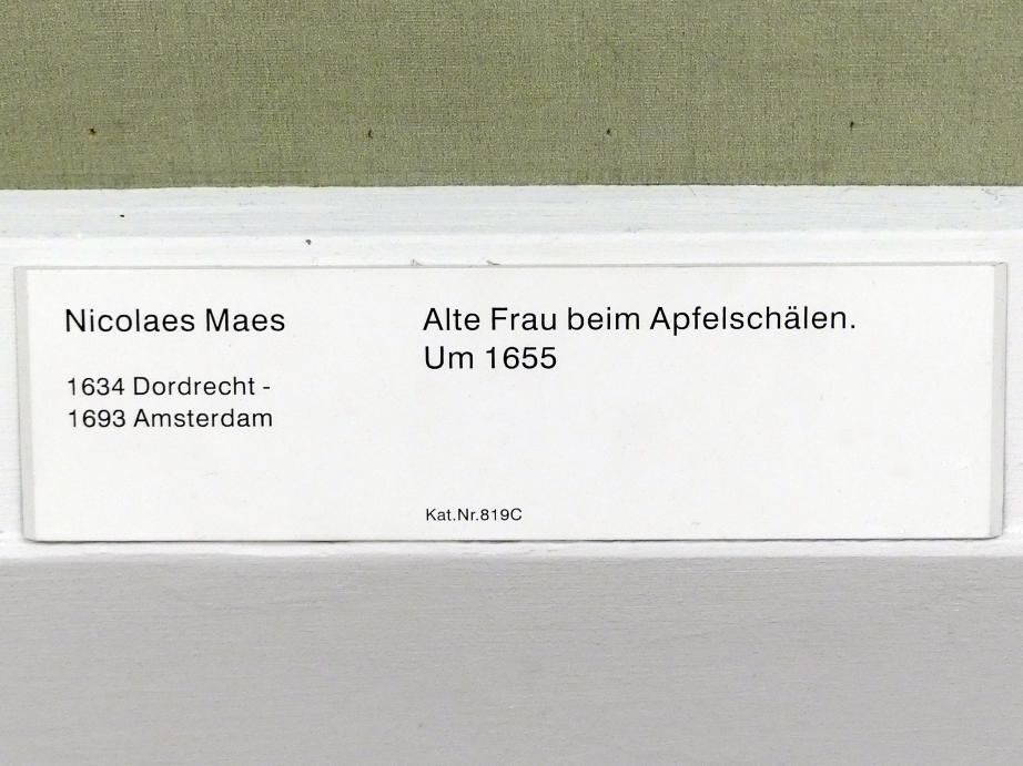 Nicolaes Maes (1652–1687), Alte Frau beim Apfelschälen, Berlin, Gemäldegalerie ("Berliner Wunder"), Kabinett 17, um 1655, Bild 2/2