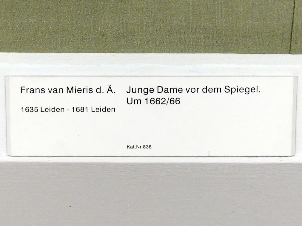 Frans van Mieris der Ältere (1657–1678), Junge Dame vor dem Spiegel, Berlin, Gemäldegalerie ("Berliner Wunder"), Kabinett 18, um 1662–1666, Bild 2/2