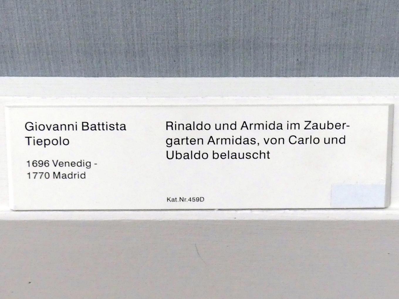 Giovanni Battista Tiepolo (1715–1785), Rinaldo und Armida im Zaubergarten Armidas, von Carlo und Ubaldo belauscht, Berlin, Gemäldegalerie ("Berliner Wunder"), Kabinett 24, Undatiert, Bild 2/2
