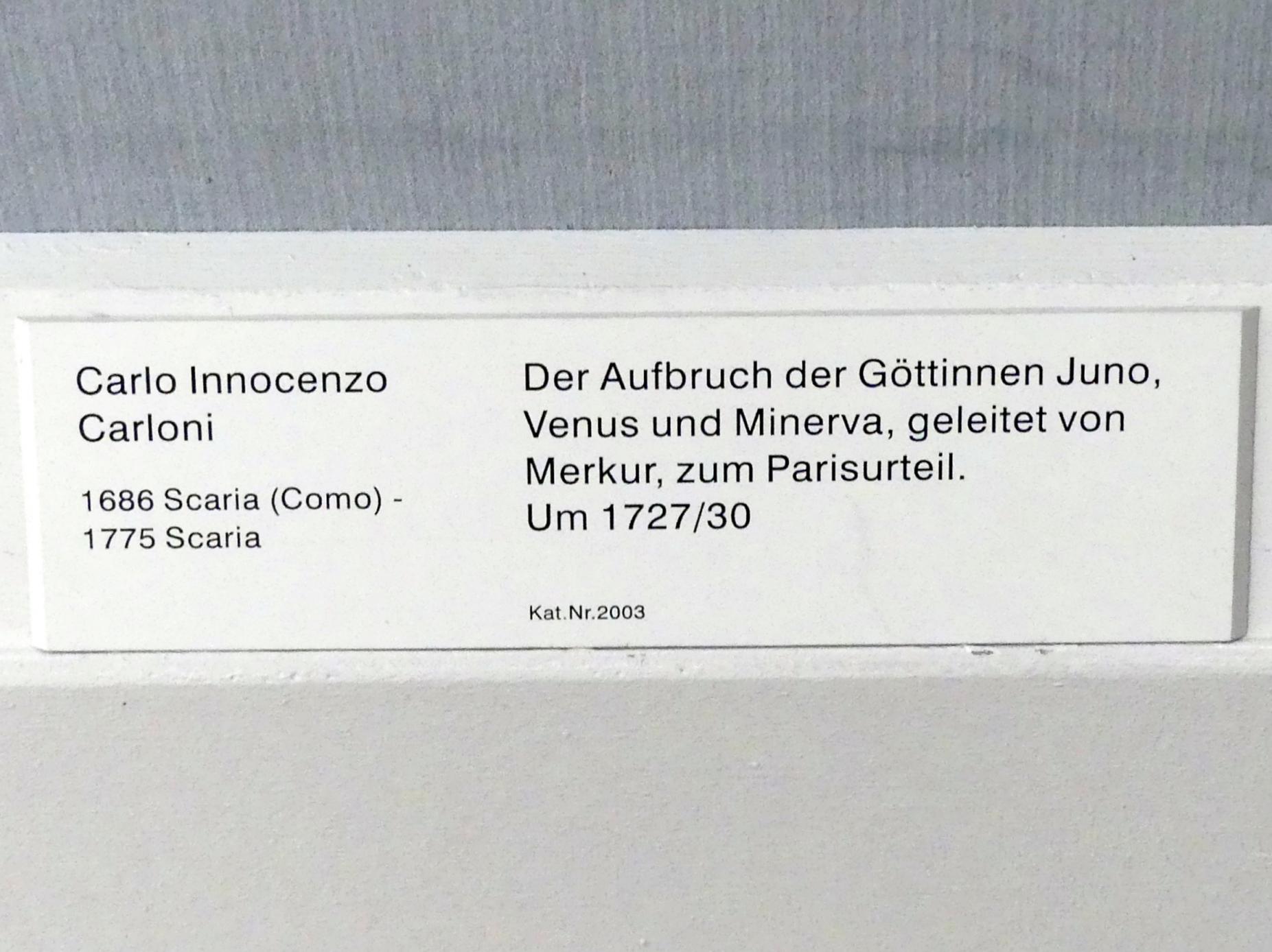 Carlo Innocenzo Carlone (1728–1772), Der Aufbruch der Göttinnen Juno, Venus und Minerva, geleitet von Merkur, zum Parisurteil, Berlin, Gemäldegalerie ("Berliner Wunder"), Kabinett 24, um 1727–1730, Bild 2/2