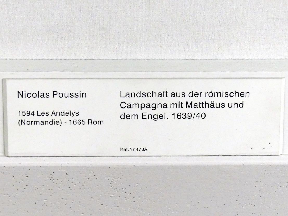 Nicolas Poussin (1624–1663), Landschaft aus der römischen Campagna mit Matthäus und dem Engel, Berlin, Gemäldegalerie ("Berliner Wunder"), Kabinett 25, 1639–1640, Bild 2/2
