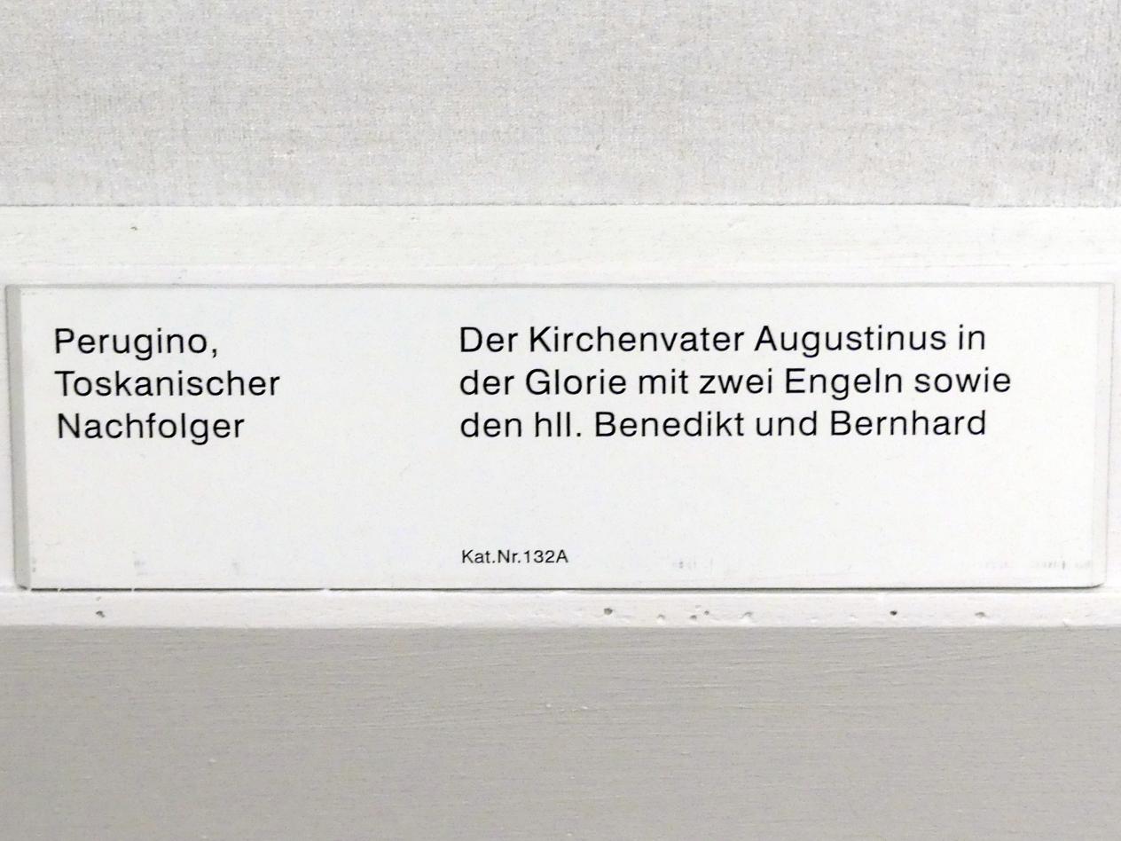 Pietro Perugino (Nachfolger) (1500–1510), Der Kirchenvater Augustinus in der Glorie mit zwei Engeln sowie den hll. Benedikt und Bernhard, Berlin, Gemäldegalerie ("Berliner Wunder"), Kabinett 29, Undatiert, Bild 2/2