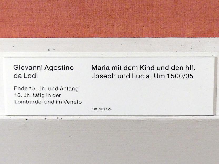 Giovanni Agostino da Lodi (1502–1505), Maria mit dem Kind und den hll. Joseph und Lucia, Berlin, Gemäldegalerie ("Berliner Wunder"), Kabinett 31, um 1500–1505, Bild 2/2
