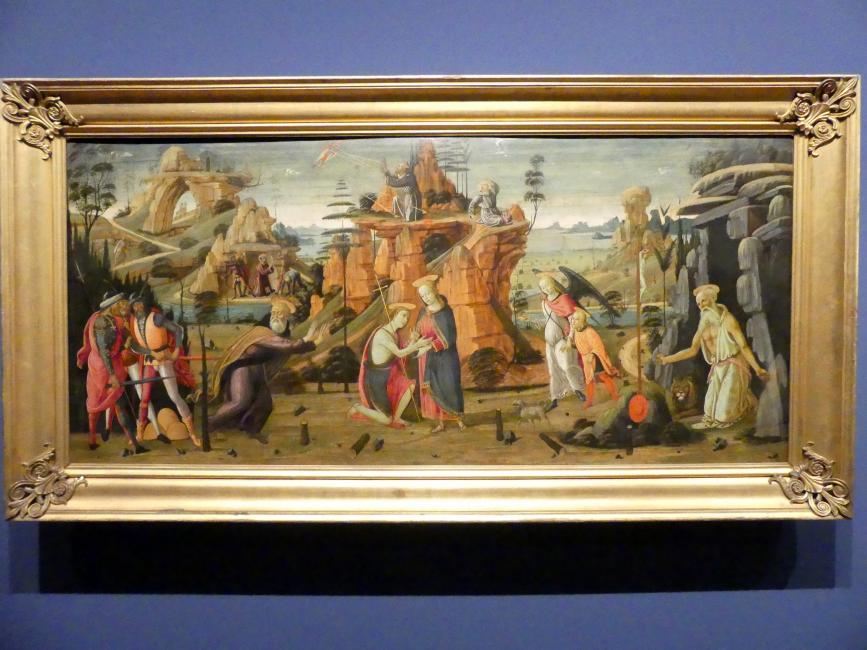 Jacopo del Sellaio: Landschaft mit Szenen aus der Bibel und Heiligenlegenden, um 1480