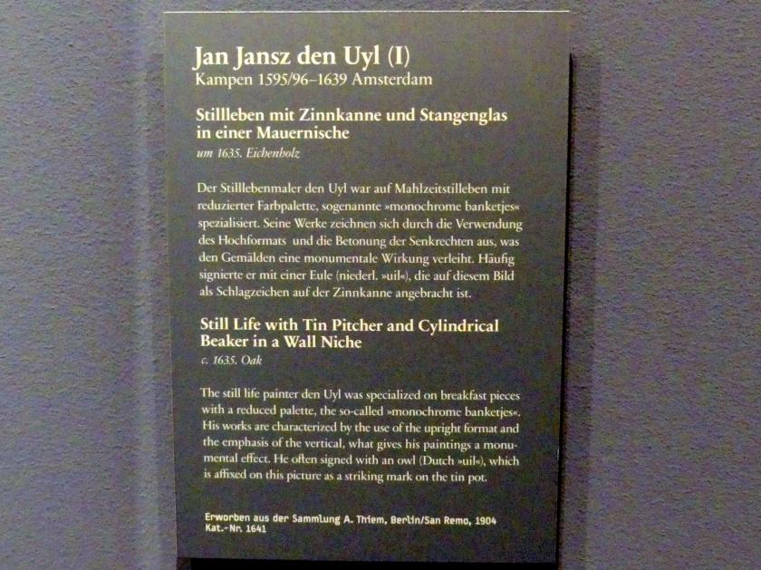 Jan Jansz. den Uyl (1632–1635), Stillleben mit Zinnkanne und Stangenglas in einer Mauernische, Berlin, Gemäldegalerie ("Berliner Wunder"), Wandelhalle, um 1635, Bild 2/2