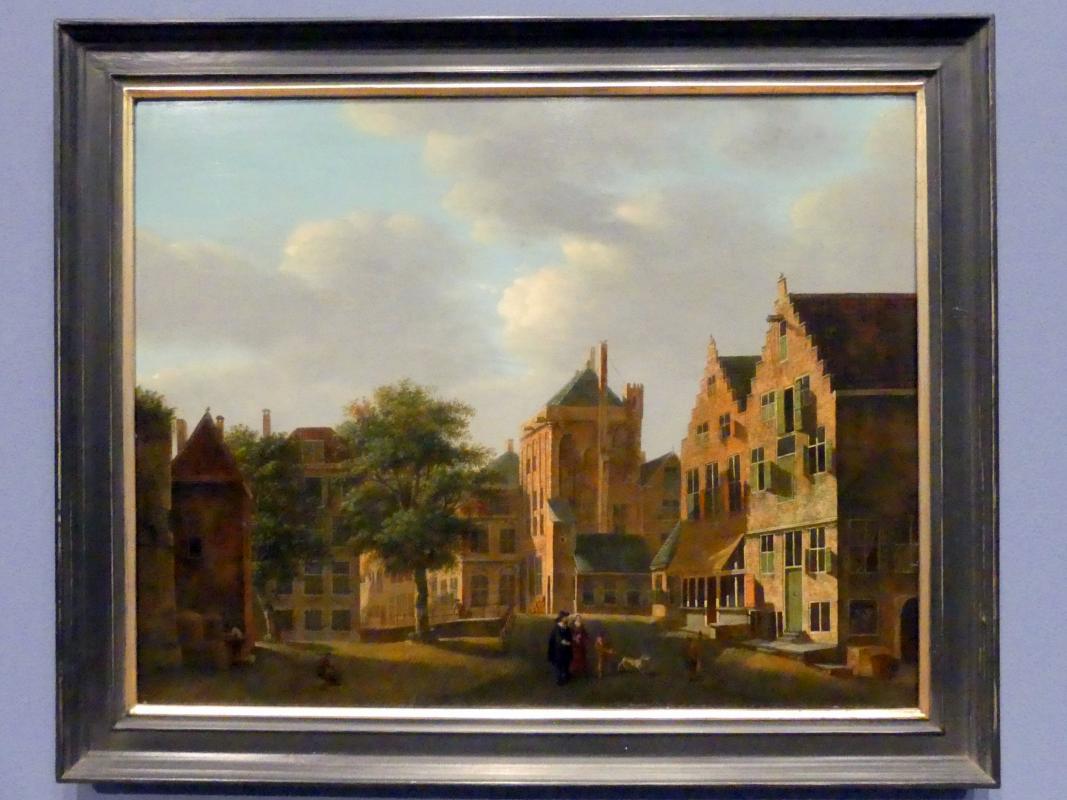 Jan van der Heyden (1652 - 1712): Stadtansicht mit elegantem Paar, 1660 - 1680