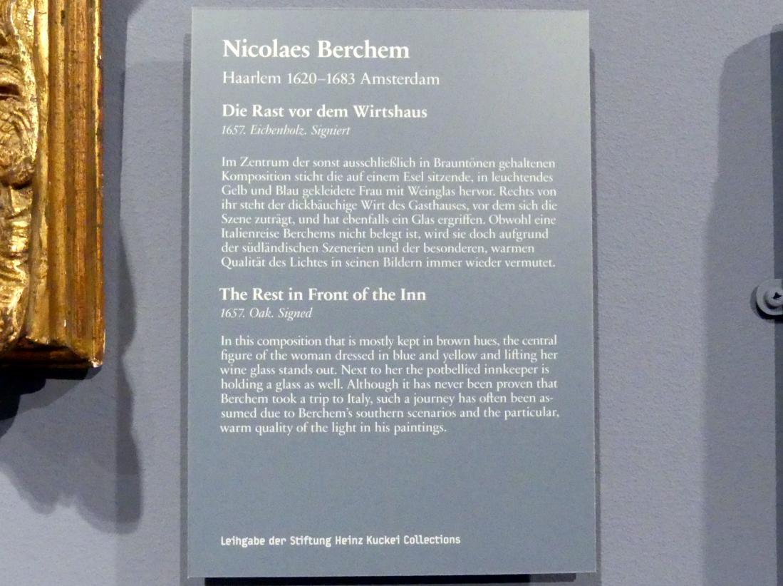 Nicolaes Berchem (1646–1675), Die Rast vor dem Wirtshaus, Berlin, Gemäldegalerie ("Berliner Wunder"), Wandelhalle, 1657, Bild 2/2