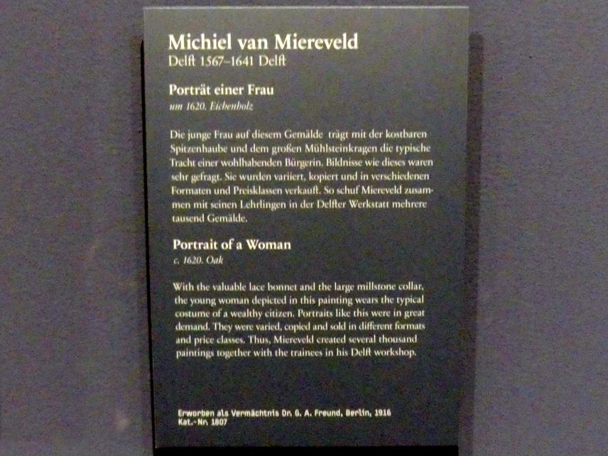 Michiel van Mierevelt (1608–1630), Portrait einer Frau, Berlin, Gemäldegalerie ("Berliner Wunder"), Wandelhalle, um 1620, Bild 2/2