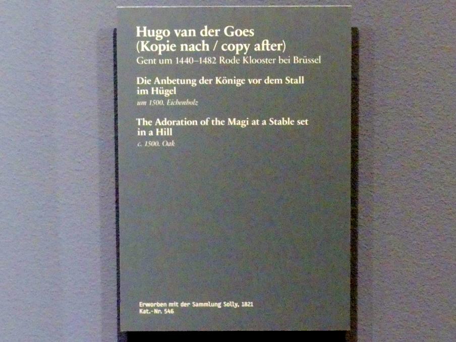 Hugo van der Goes (Kopie) (1500), Die Anbetung der Könige vor dem Stall im Hügel, Berlin, Gemäldegalerie ("Berliner Wunder"), Wandelhalle, um 1500, Bild 2/2