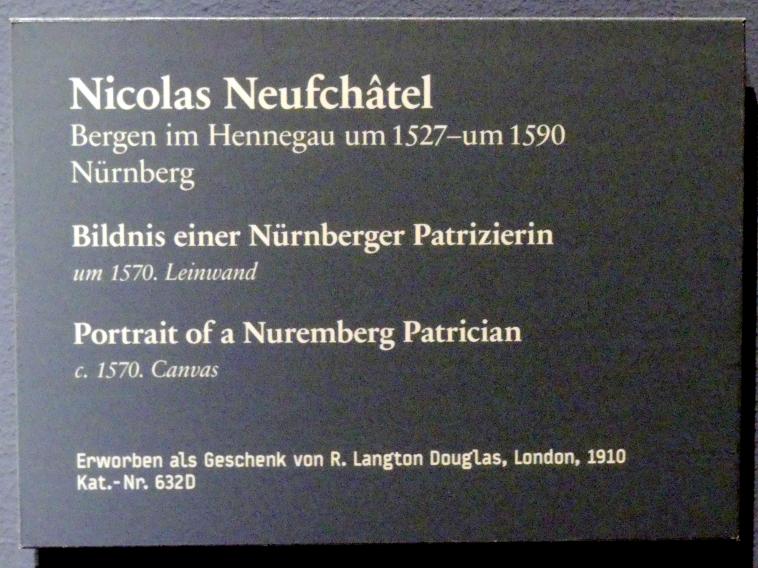 Nicolas Neufchâtel (1561–1570), Bildnis einer Nürnberger Patrizierin, Berlin, Gemäldegalerie ("Berliner Wunder"), Wandelhalle, um 1570, Bild 2/2