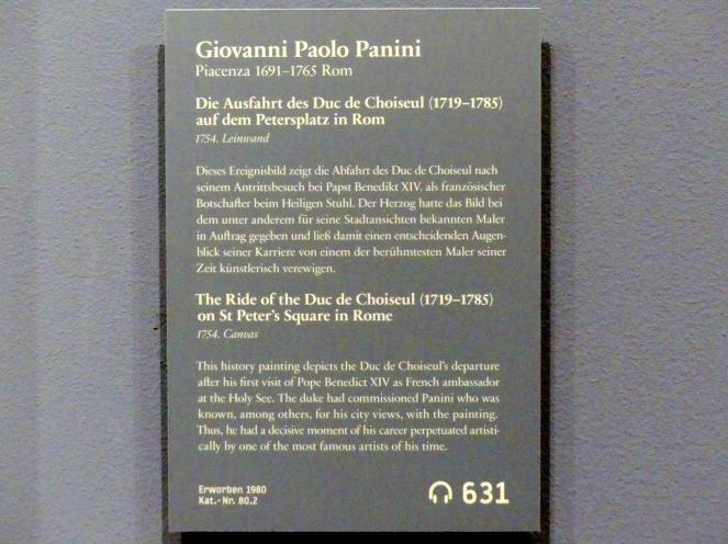 Giovanni Paolo Pannini (1722–1759), Die Ausfahrt des Duc de Choiseul (1719-1785) auf dem Petersplatz in Rom, Berlin, Gemäldegalerie ("Berliner Wunder"), Wandelhalle, 1754, Bild 2/2
