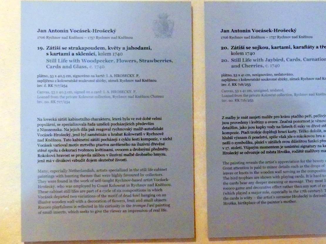 Jan Antonín Vocásek-Hrošecký (1740), Stillleben mit Specht, Blumen, Erdbeeren, Spielkarten und Glas, Prag, Nationalgalerie im Palais Sternberg, Erdgeschoss, um 1740, Bild 2/2