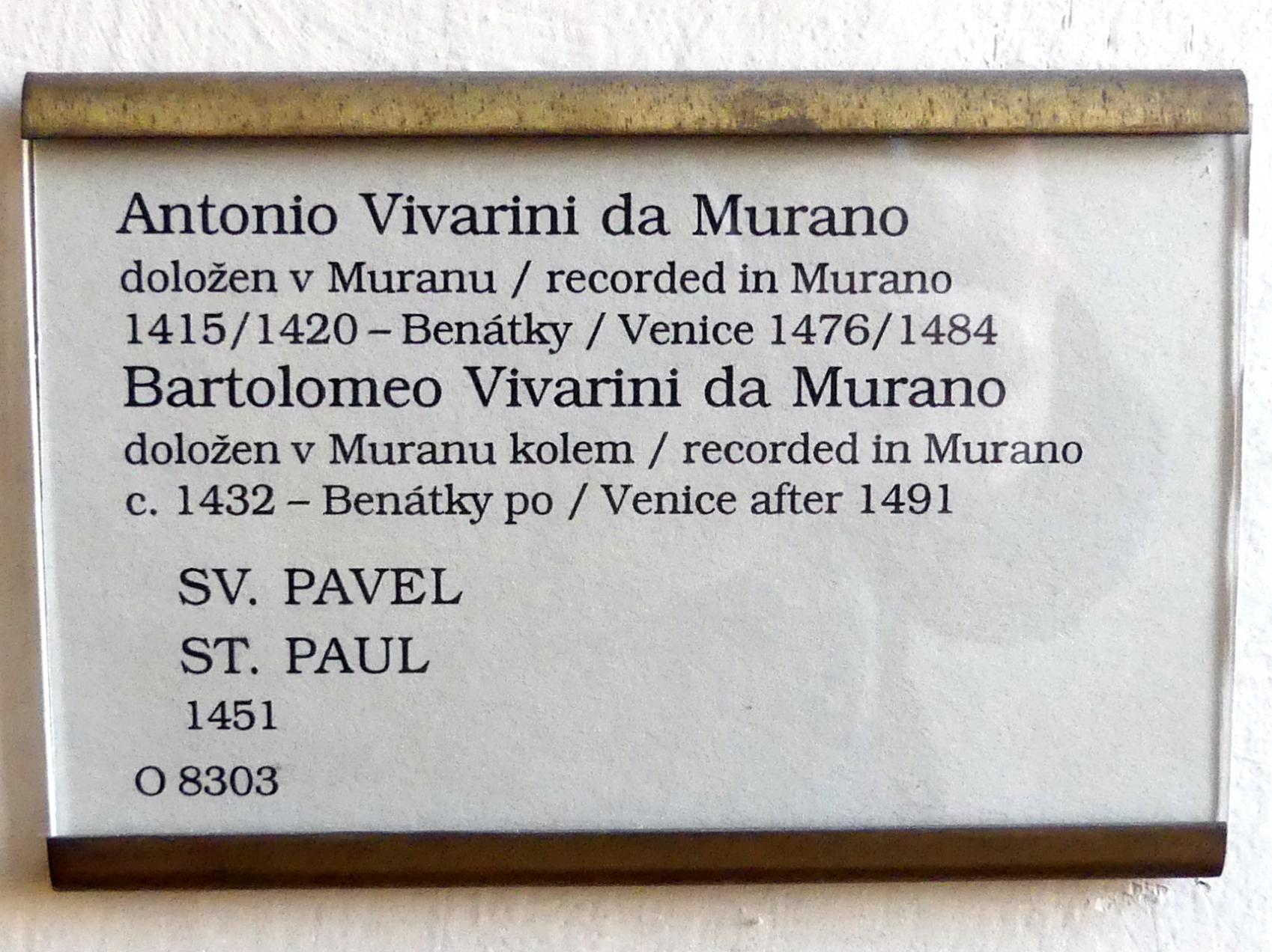Antonio Vivarini (Antonio da Murano) (1447–1451), Hl. Paulus, Prag, Nationalgalerie im Palais Sternberg, 1. Obergeschoss, Saal 3, 1451, Bild 2/2