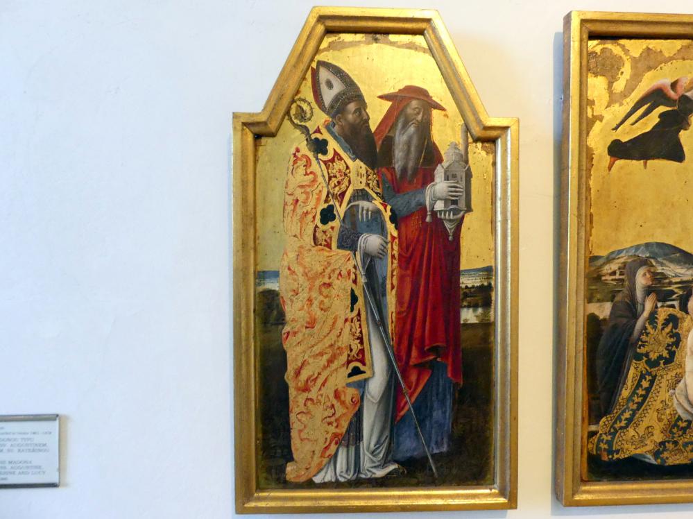 Quirizio di Giovanni da Murano (1469), Triptychon mit Madonna dell'Umiltà und den hll. Augustinus, Hieronymus, Katharina von Alexandrien und Lucia von Syrakus, Prag, Nationalgalerie im Palais Sternberg, 1. Obergeschoss, Saal 3, um 1461–1478, Bild 2/5