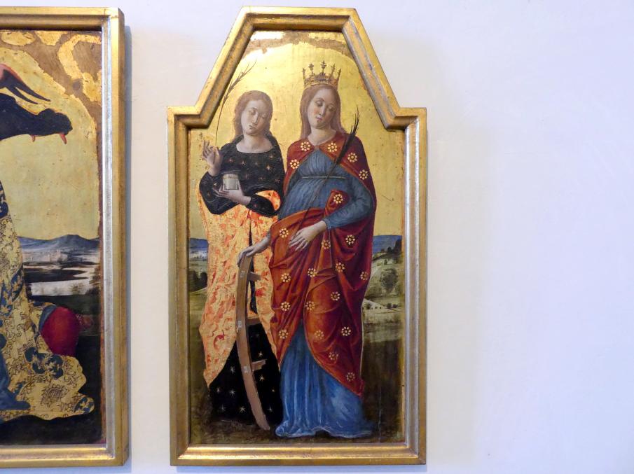 Quirizio di Giovanni da Murano (1469), Triptychon mit Madonna dell'Umiltà und den hll. Augustinus, Hieronymus, Katharina von Alexandrien und Lucia von Syrakus, Prag, Nationalgalerie im Palais Sternberg, 1. Obergeschoss, Saal 3, um 1461–1478, Bild 4/5