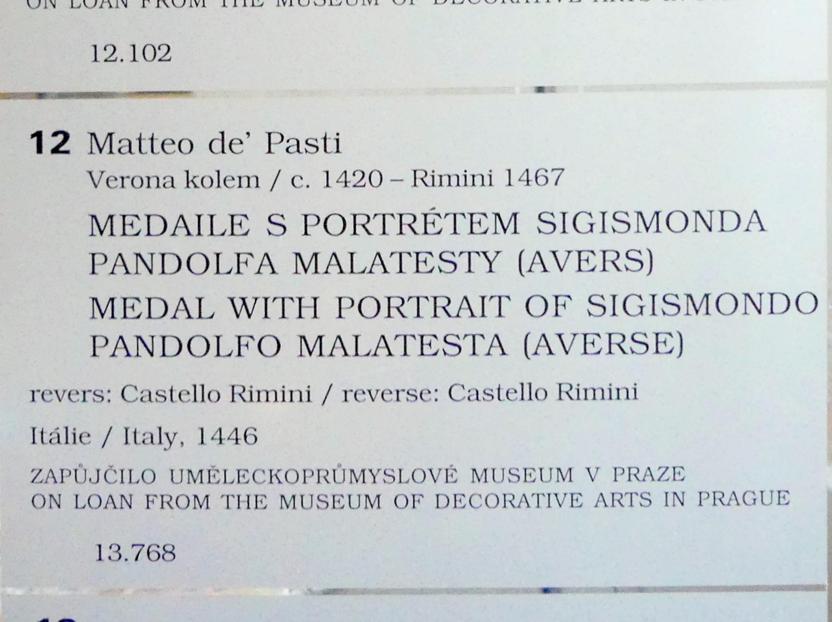 Matteo de' Pasti (1446–1450), Medaille mit dem Portrait von Sigismondo Pandolfo Malatesta (1417-1468), Prag, Nationalgalerie im Palais Sternberg, 1. Obergeschoss, Saal 7, 1446, Bild 2/2