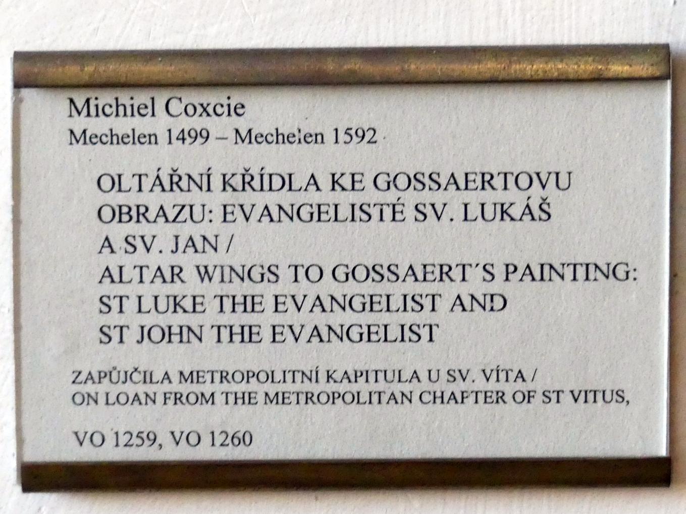 Michiel Coxcie (1544–1558), Altarflügel mi den Evangelisten Lukas und Johannes zum Gemälde Der Hl. Lukas malt die Jungfrau Maria, Prag, Nationalgalerie im Palais Sternberg, 1. Obergeschoss, Saal 8, Undatiert, Bild 2/2