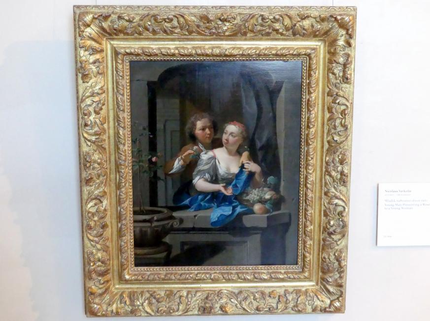 Nicolaas Verkolje (1735), Junger Mann schenkt einer jungen Frau eine Rose, Prag, Nationalgalerie im Palais Sternberg, 2. Obergeschoss, Saal 4, Undatiert, Bild 1/2
