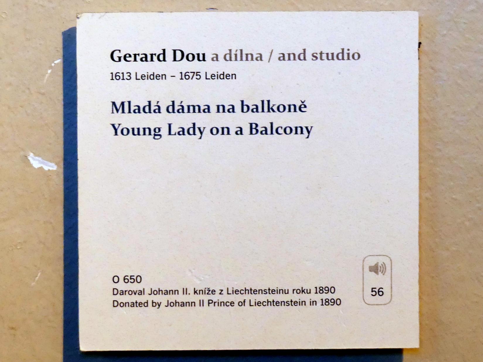 Gerard Dou (Gerrit Dou) (1629–1672), Junge Frau auf einem Balkon, Prag, Nationalgalerie im Palais Sternberg, 2. Obergeschoss, Saal 4, Undatiert, Bild 2/2