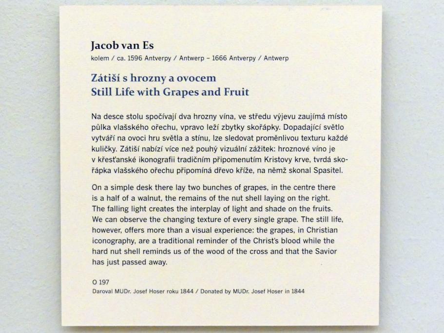 Jacob Foppens van Es (1625–1637), Stillleben mit Trauben und Obst, Prag, Nationalgalerie im Palais Sternberg, 2. Obergeschoss, Saal 12, Undatiert, Bild 2/2