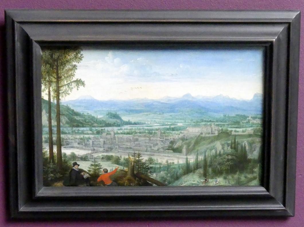 Lucas van Valckenborch (1556–1595): Ansicht von Linz mit zeichnendem Künstler im Vordergrund, 1593