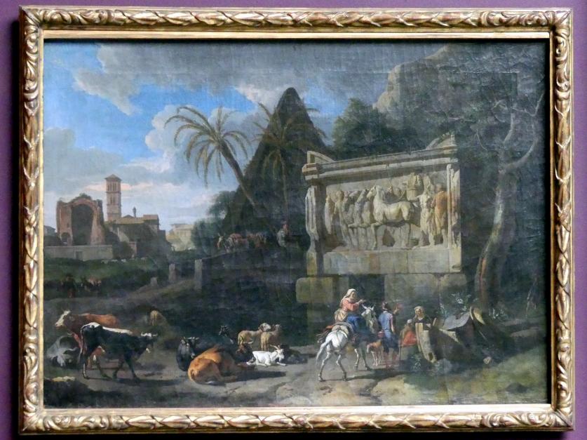 Pieter van Bloemen (1699–1716), Landschaft mit antiken Ruinen, im Vordergrund eine ruhende Herde, Frankfurt am Main, Städel Museum, Vorhalle, um 1694–1720, Bild 1/2