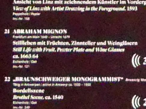 Abraham Mignon (1661–1675), Stillleben mit Früchten, Zinnteller und Weingläsern, Frankfurt am Main, Städel Museum, Vorhalle, um 1663–1664, Bild 2/2