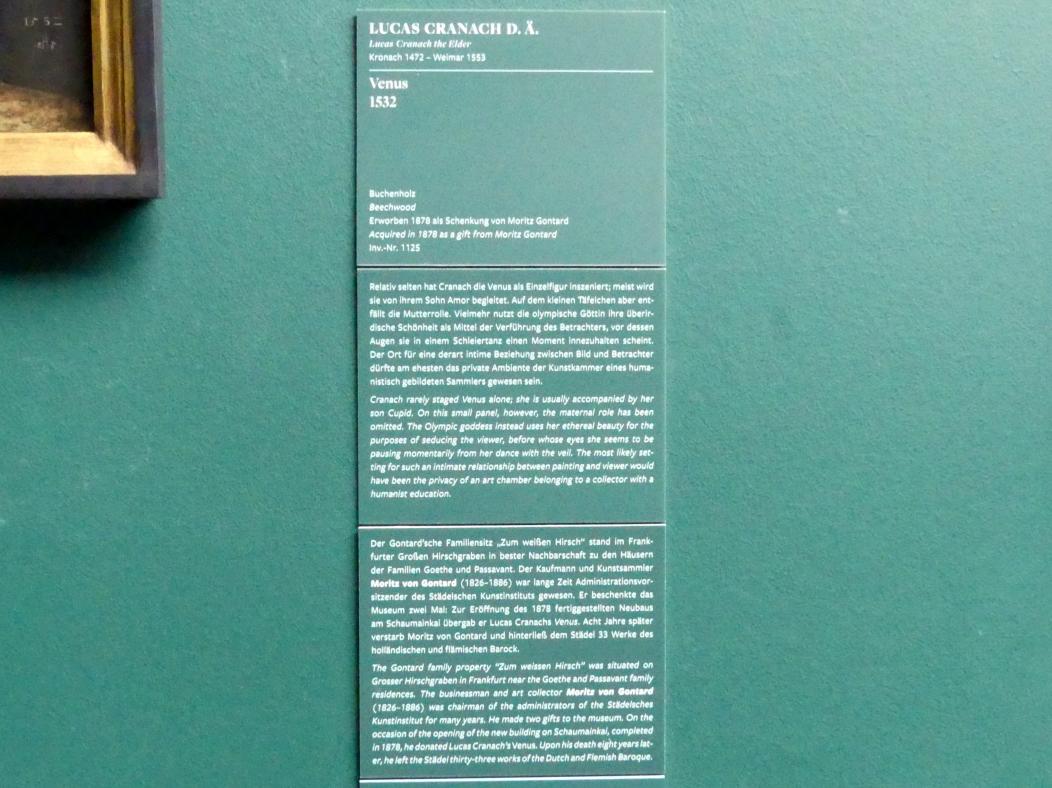 Lucas Cranach der Ältere (1502–1550), Venus, Frankfurt am Main, Städel Museum, 2. Obergeschoss, Saal 2, 1532, Bild 2/2