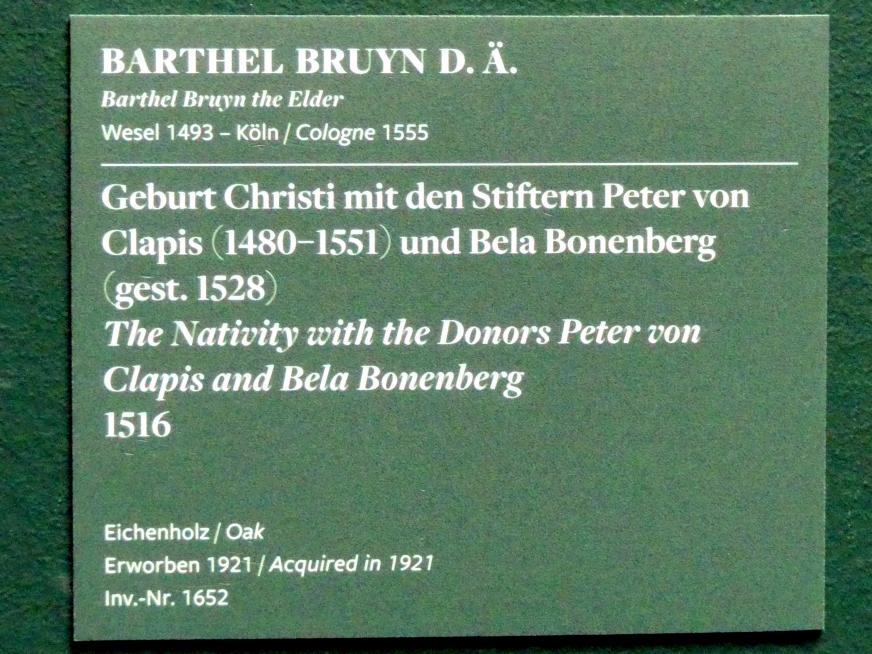 Bartholomäus Bruyn der Ältere (1513–1546), Geburt Christi mit den Stiftern Peter von Clapis (1480-1551) und Bela Bonenberg (gest. 1528), Frankfurt am Main, Städel Museum, 2. Obergeschoss, Saal 2, 1516, Bild 2/2